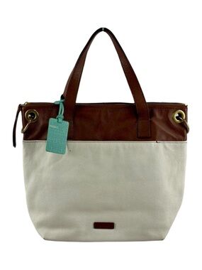 Fossil Colorblock Leather Tote Bag Ivory Cream Brown Pebbled Leather Zip Top